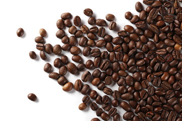 Coffee beans isolated on white background, top view