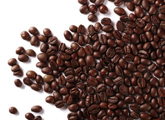 Coffee beans isolated on white background, top view
