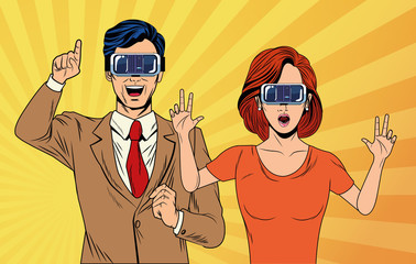 pop art couple using virtual reality glasses