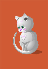 White cute cat with green eyes on orange