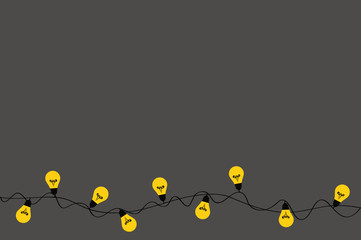 A set of warm light bulb garlands, holiday decorations. The lamps. Glowing Christmas lights. Vector on dark grey background.