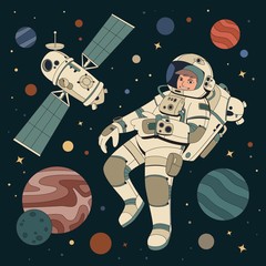 astronaut in space in the background plpnets stars and shuttle