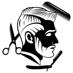 Vector design of the barbershop logo. Flat, monochrome, image of a profile of a bearded man with a delicious hairstyle. Hairdressing tools - scissors, comb and dangerous razor.