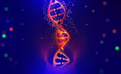 DNA helix. Hi Tech technology in the field of genetic engineering. Scientific breakthrough in human genetics. 3D illustration of a DNA molecule with a nanotech network