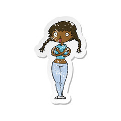 retro distressed sticker of a cartoon offended woman covering herself