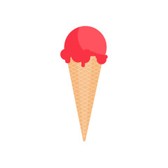 Pink strawberry ice cream in waffle cone. Cartoon icecream icon food. Vector illustration isolated on white eps10