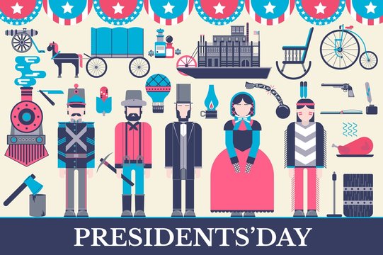 President Abraham Lincoln day with historical XIX (19) century elements flat icon set. Vector people and traditional of USA object illustrations cover concept design. National culture traditions