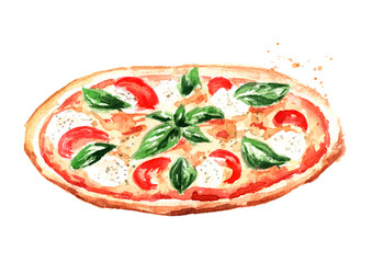 Delicious fresh hot pizza. Watercolor hand drawn illustration isolated on white background