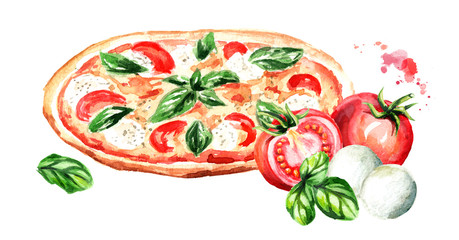 Pizza with tomatoes, mozzarella cheese and Basil leaves. Watercolor hand drawn illustration isolated on white background