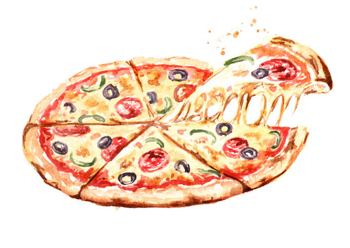 Delicious fresh hot pizza. Watercolor hand drawn illustration, isolated on white background