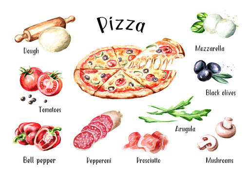 Italian Pizza. Ingredients. Watercolor hand drawn illustration, isolated on white background