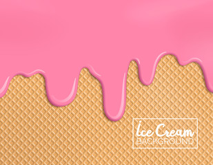 melting strawberry ice cream on wafer background