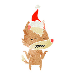 retro cartoon of a wolf showing teeth wearing santa hat