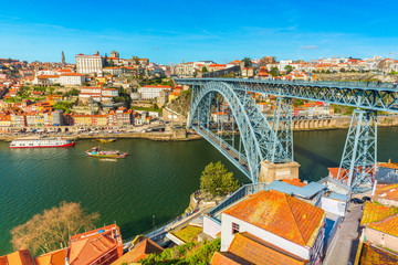 Cityscape of Porto (Oporto). View of the Dom Luis I Bridge (Ponte de Dom Luís I) and the River...