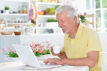 Portrait of beautiful senior man using laptop at home