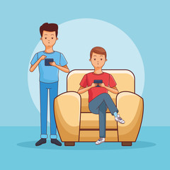 teenagers using smartphone seated on sofa