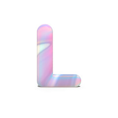 Abstract 3d capital letter L in bright holographic design. Realistic shiny alphabet on neon blue pink font, isolated white background. 3d rendering