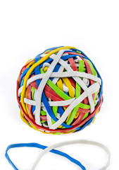 colorful rubber band ball isolated on white background closeup