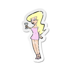 retro distressed sticker of a cartoon woman at party