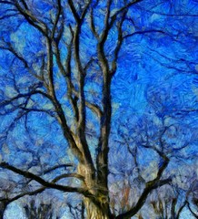 Incredible beauty of nature landscape. Spring season. Impressionism oil painting in Vincent Van Gogh modern style. Creative artistic print for canvas or textile. Wallpaper, poster or postcard design.