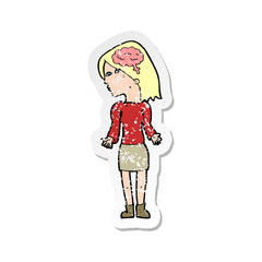 retro distressed sticker of a cartoon clever woman shrugging shoulders