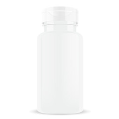 White Pill Bottle. Vitamin Tablet Glossy Container. Pharmacy Jar Mockup with Herbal Nutrition Capsule. Sport or Pharmaceutical Packaging for Bcaa, Aspirin, Antibiotic. Medicament Design Mockup.