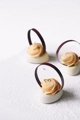 Contemporary Mini Mousse Cakes decorated with chocolate rings, on white background.