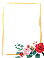 Wedding bridal watercolor frame, red and pink and green flowers wreath ornament