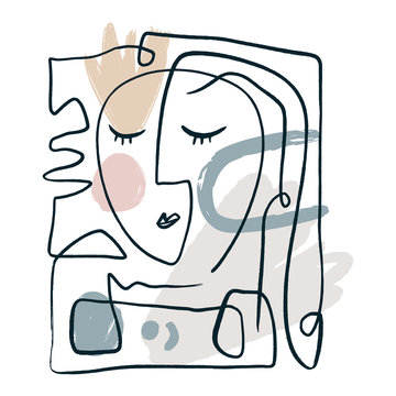 recommend clip art: Simple hand drawn black and white trendy line portrait face art. Color print for clothes, textile and other