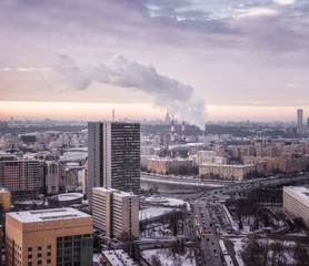 Moscow, Russia - January 9, 2019: View of the Building of the Government of Moscow (former building of the Comecon) and Free Russia Square (Svobodnoy Rossii Square) 