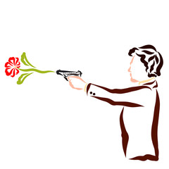 Romantic gift, a man gives a flower, firing a pistol
