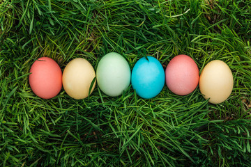 Fototapeta na wymiar Top view of colorful easter eggs in row on green grass