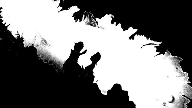 Bloom ink. Beautiful white watercolor ink drops transition on black background,