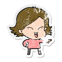 distressed sticker of a happy cartoon girl