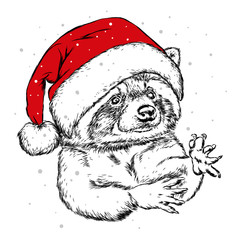The christmas poster with the image raccoon portrait in Santa's hat. Hand draw vector illustration. Hipster animal. © Marharyta