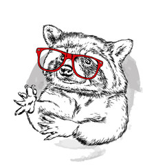 Hipster animal raccoon. Hand drawing Muzzle of animal raccoon. Vector illustration for card or poster.