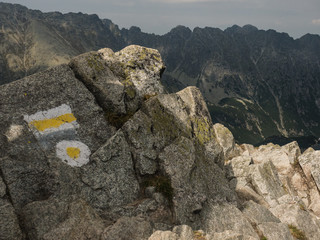 Oznaczenie górskiego szlaku namalowane na skale w Polskich górach tatrach - obrazy, fototapety, plakaty