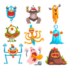Fototapeta premium Funny cartoon monster with different emotions, colorful fabulous creature characters vector Illustration
