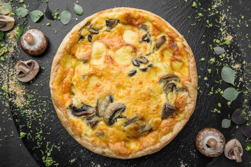 Traditional quiche pie with mushrooms, chicken and cheese.