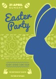 Easter Party poster or invitation design with eggs and cute bunny. Vector illustration.