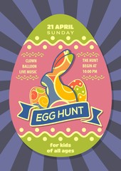 Easter Egg Hunt poster or invitation design with eggs and cute bunny.  Vector illustration.