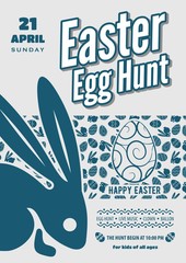 Easter Egg Hunt poster or invitation design with eggs and cute bunny.  Vector illustration.