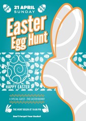 Easter Egg Hunt poster or invitation design with eggs and cute bunny.  Vector illustration.