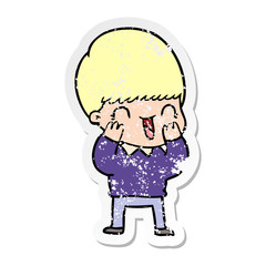 distressed sticker of a happy cartoon boy