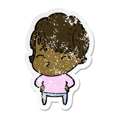 distressed sticker of a cartoon woman thinking