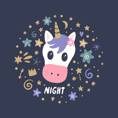 Vector cute animals art. Little pony, night unicorn in simple cartoon scandinavian style. Good for nursery clothes