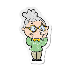 distressed sticker of a cartoon woman wearing glasses