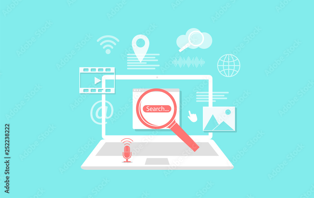 Aufkleber concept laptop and search engine on the internet. voice input to the search engine. search for video