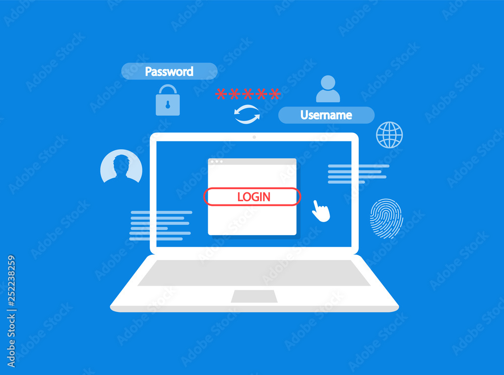 Poster the concept of authorization in the laptop. login and password. login to the system. flat design.