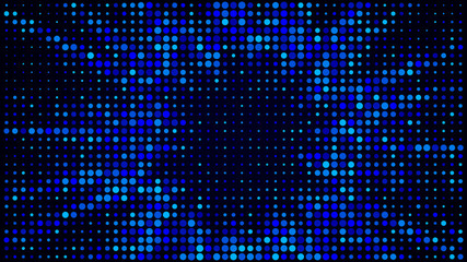 Festive shiny neon background. Halftone gradient pattern vector illustration. Explosion, salute. Glowing blue dotted, blue disco lights halftone texture. Pop Art comic Background. Dots background
